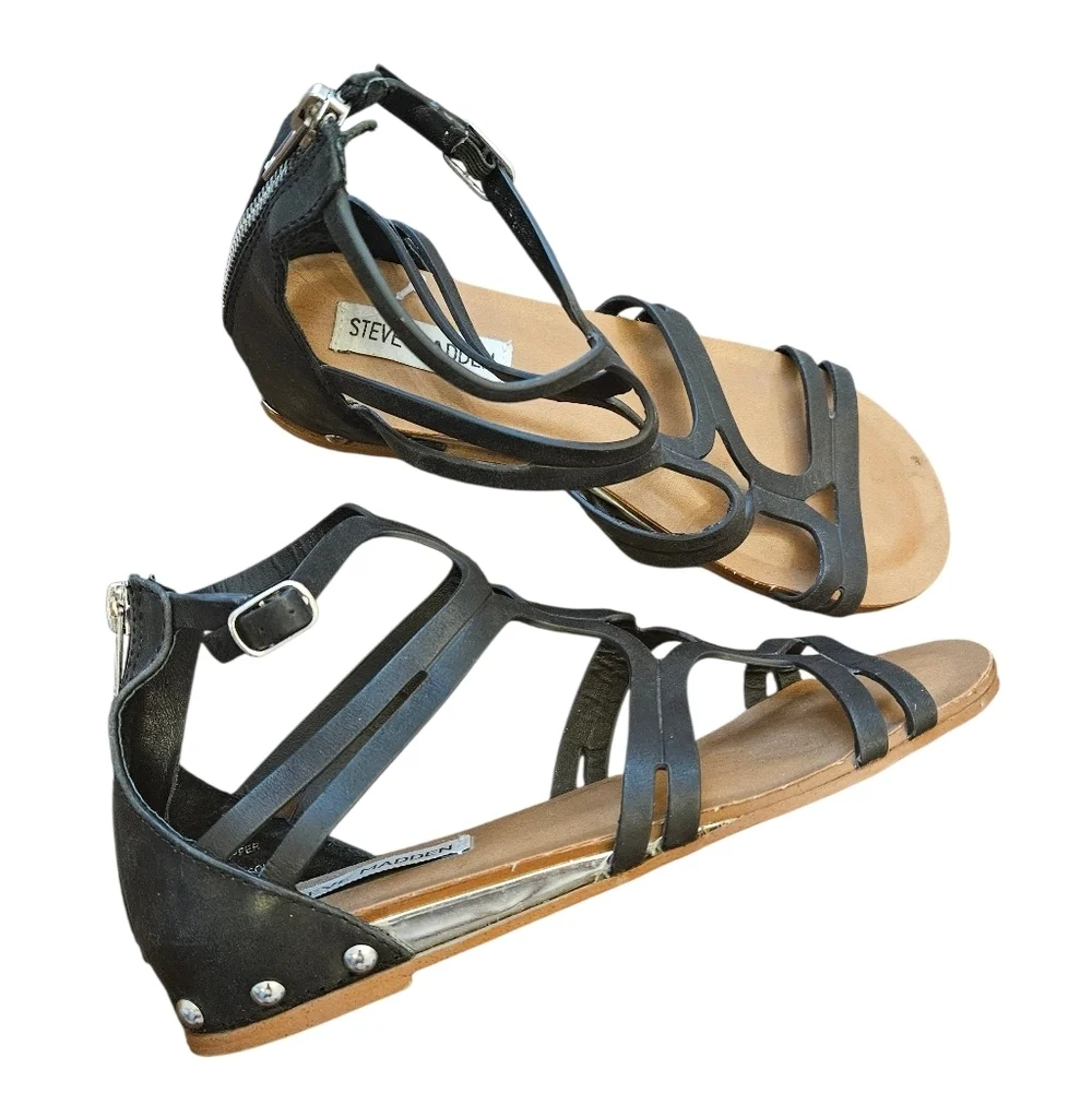 Steve Madden Black Strappy Sandals Delta Gladiator Leather Womens 6.5